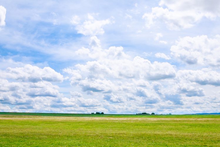 White clouds against the blue sky over a green grassy field.